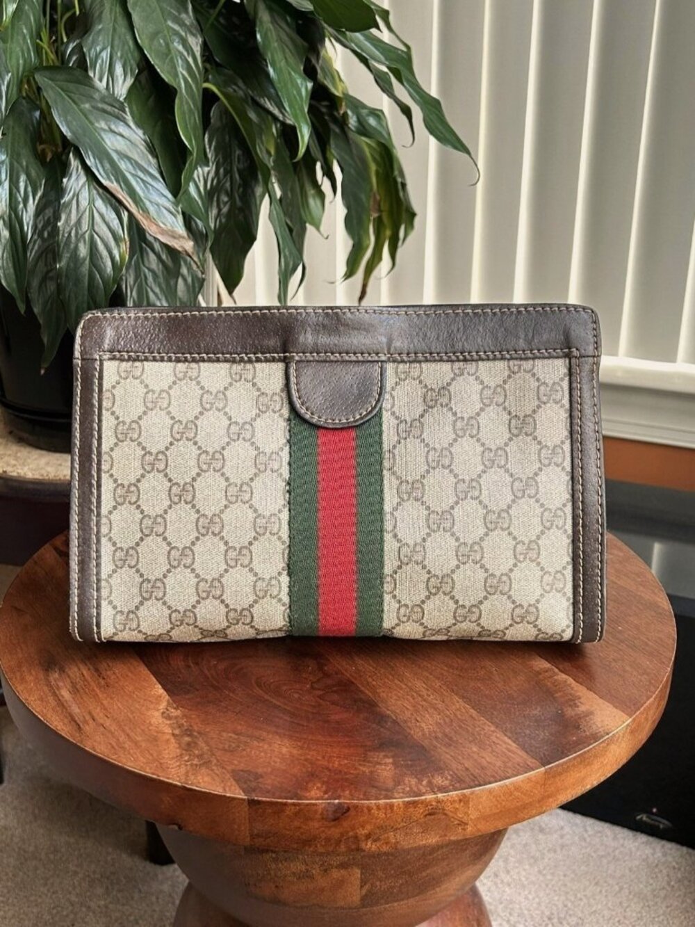 GUCCI GG Supreme Web Sherry Line Clutch Pouch, Taupe, Brown